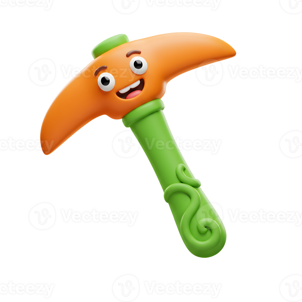 Cartoon Pickaxe with Face and Green Handle Isolated on White png
