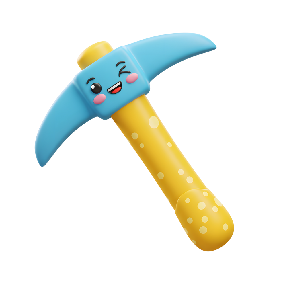 Cartoon Pickaxe Tool with Winking Face in Yellow and Blue png