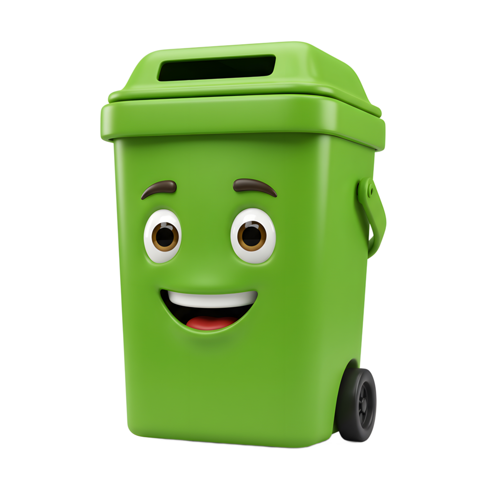 Smiling Green Trash Container Character on Wheels Promoting Cleanliness png