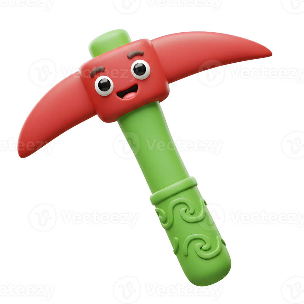 Cartoon Pickaxe Character Illustration with Smiling Face and Green Handle png