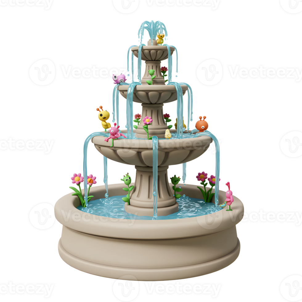 Three Tiered Fountain with Water Cascading and Small Clay Creatures png