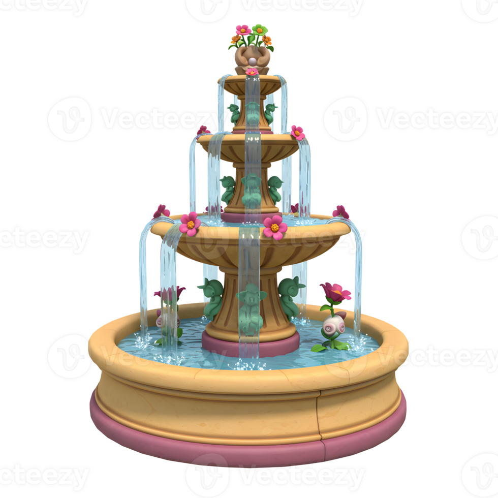 Three Tier Water Fountain with Flowers and Small Figures Cascading png