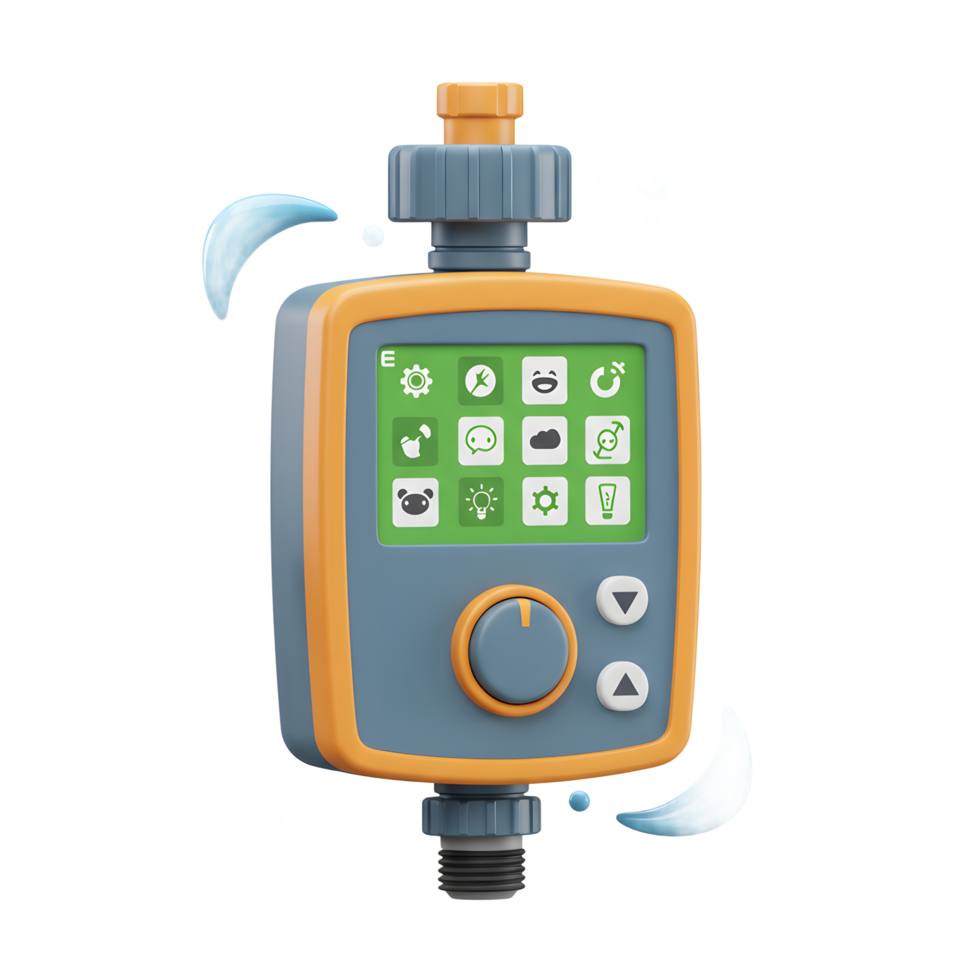 Automated Sprinkler Controller with Digital Display Surrounded by Water Droplets png