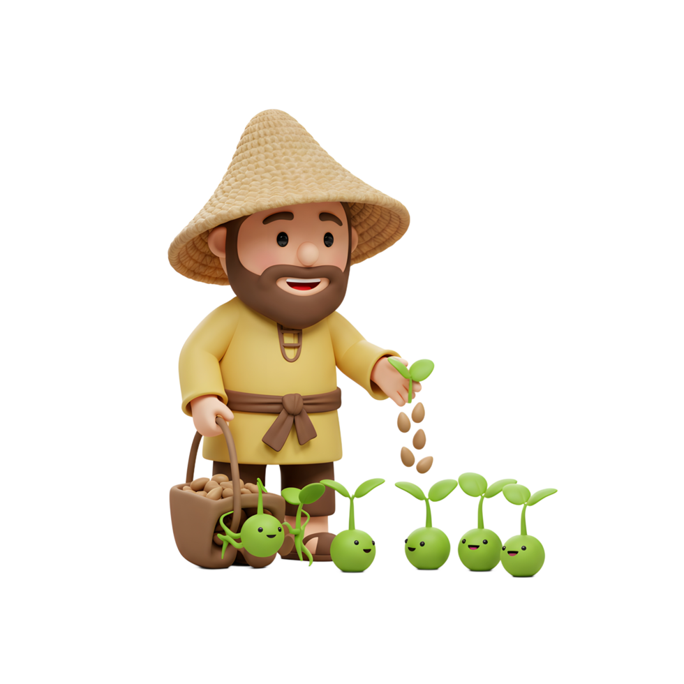 Farmer Planting Seeds with Sprout Characters in Cartoon Style png
