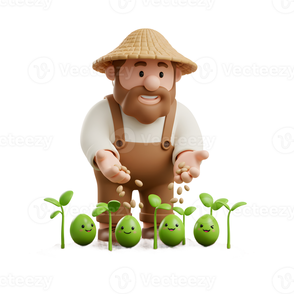Farmer Sowing Seeds Near Smiling Sprout Characters in Brown Soil png