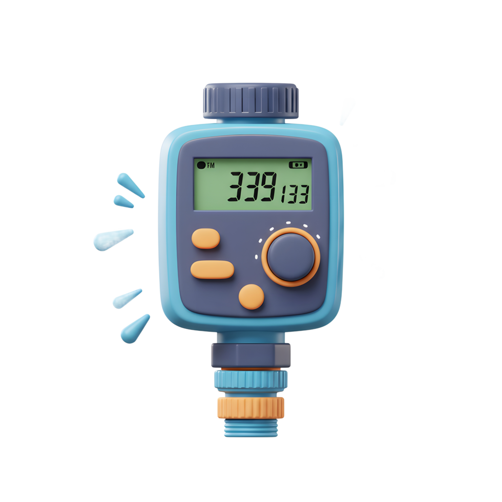 Blue Garden Water Timer with LCD Screen and Water Droplets png