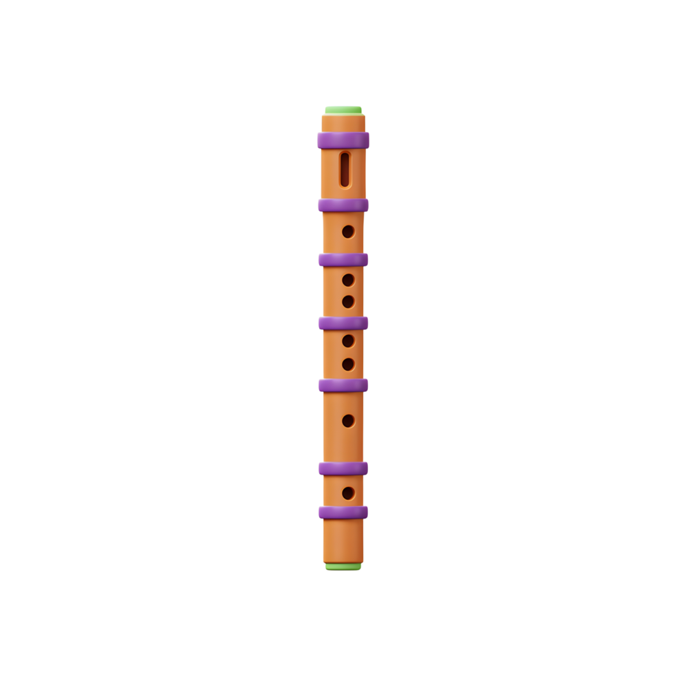 Isolated wooden flute music instrument with finger holes on white png