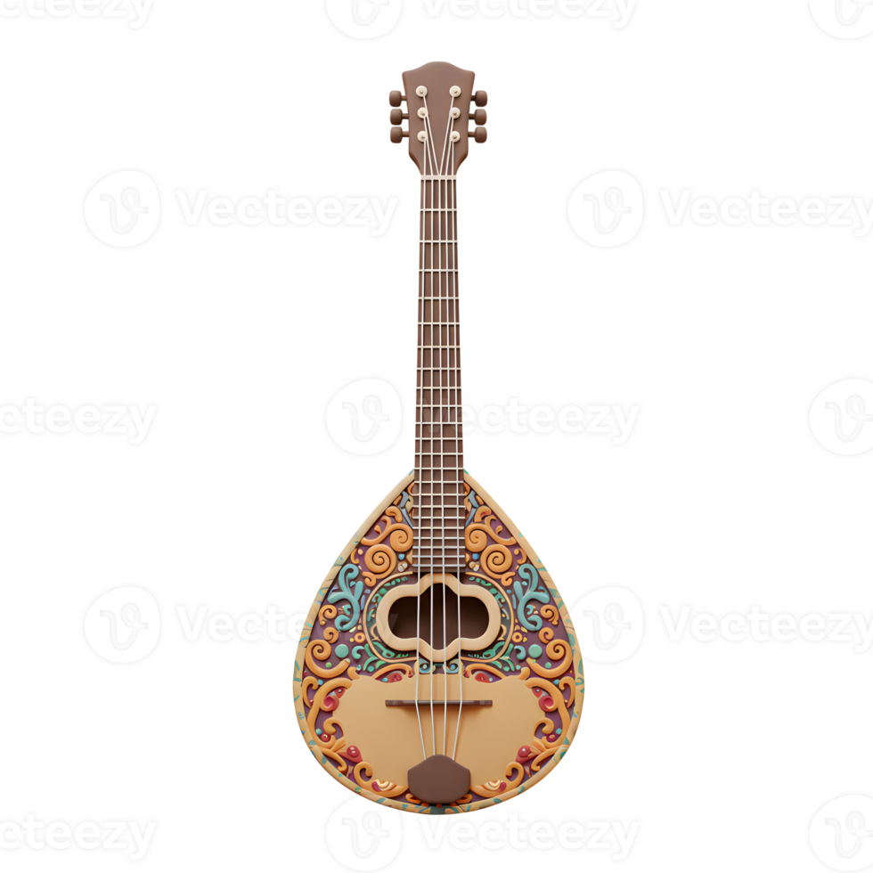 Detailed stringed instrument with decorative carving on white background png