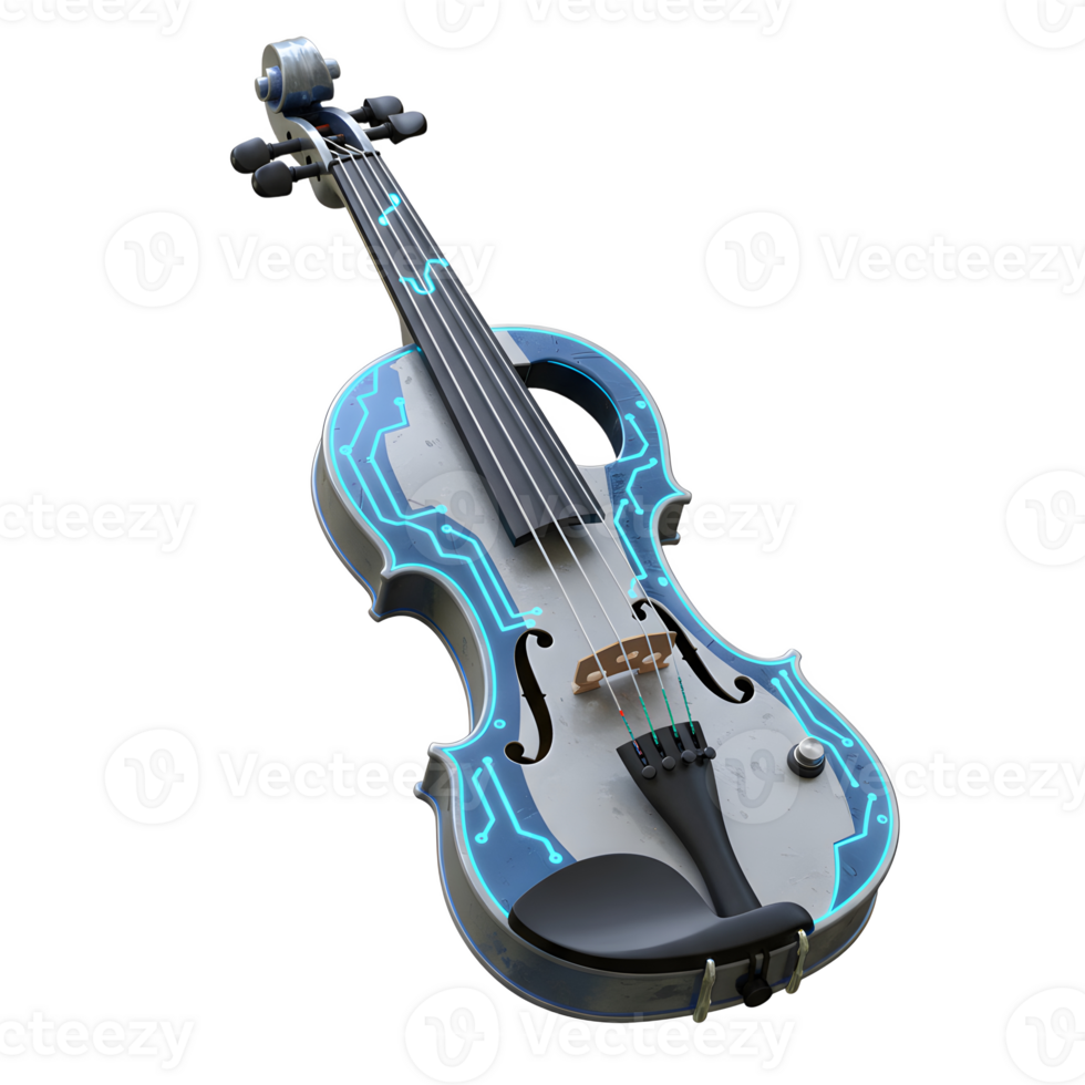 Stylized Silver Violin with Blue Circuitry Design Isolated on White png