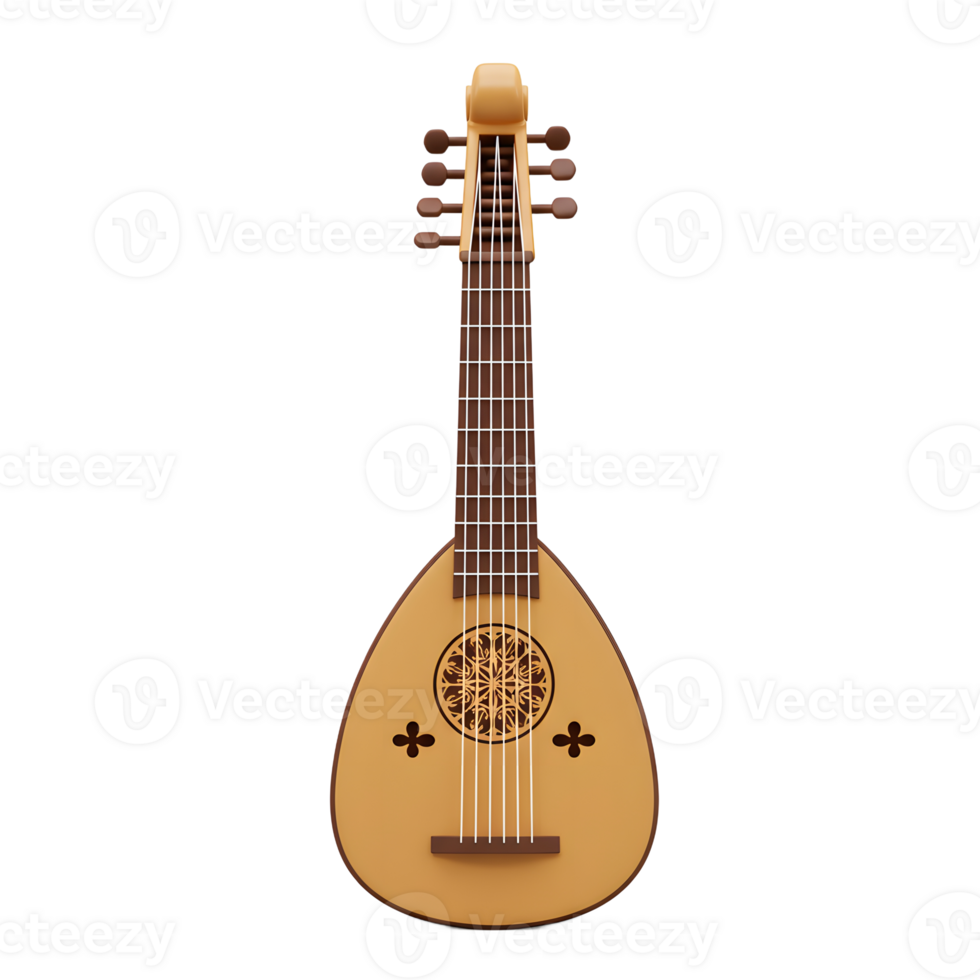 Isolated Lute Musical Instrument with Strings and Decorative Elements png