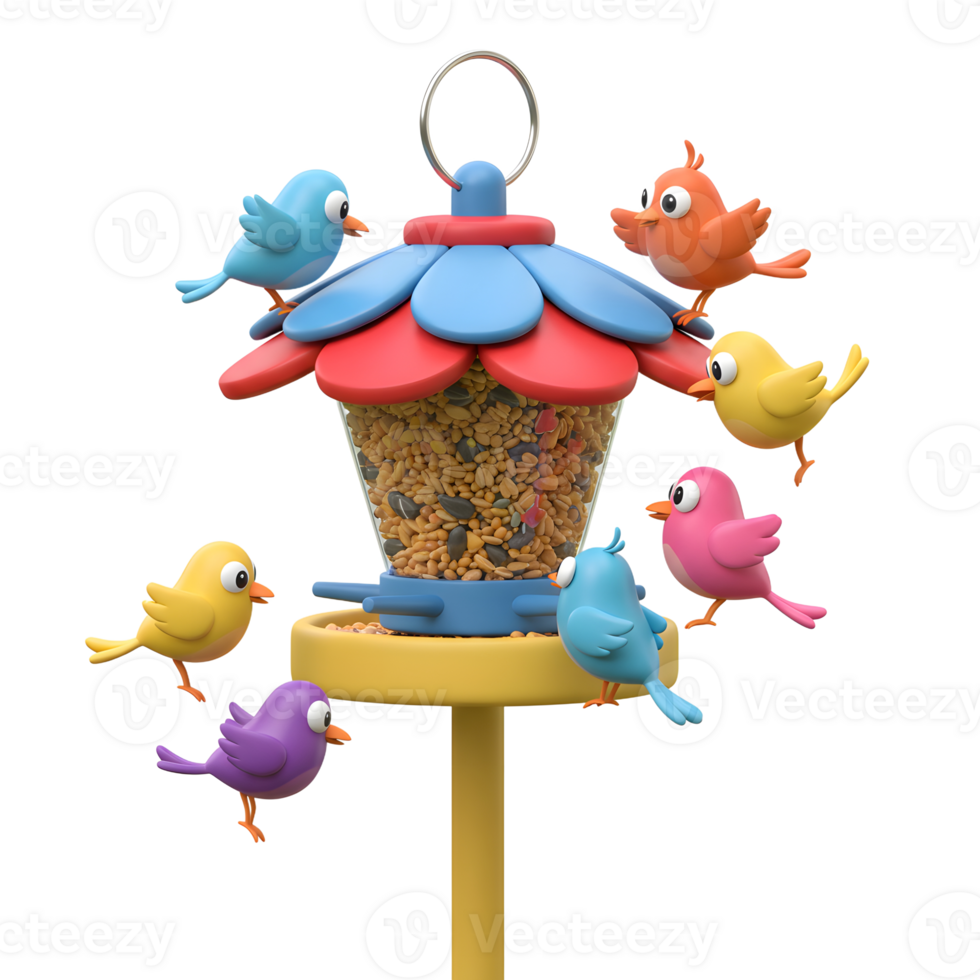 Colorful Cartoon Birds Gather Around a Bird Feeder Full of Seeds png