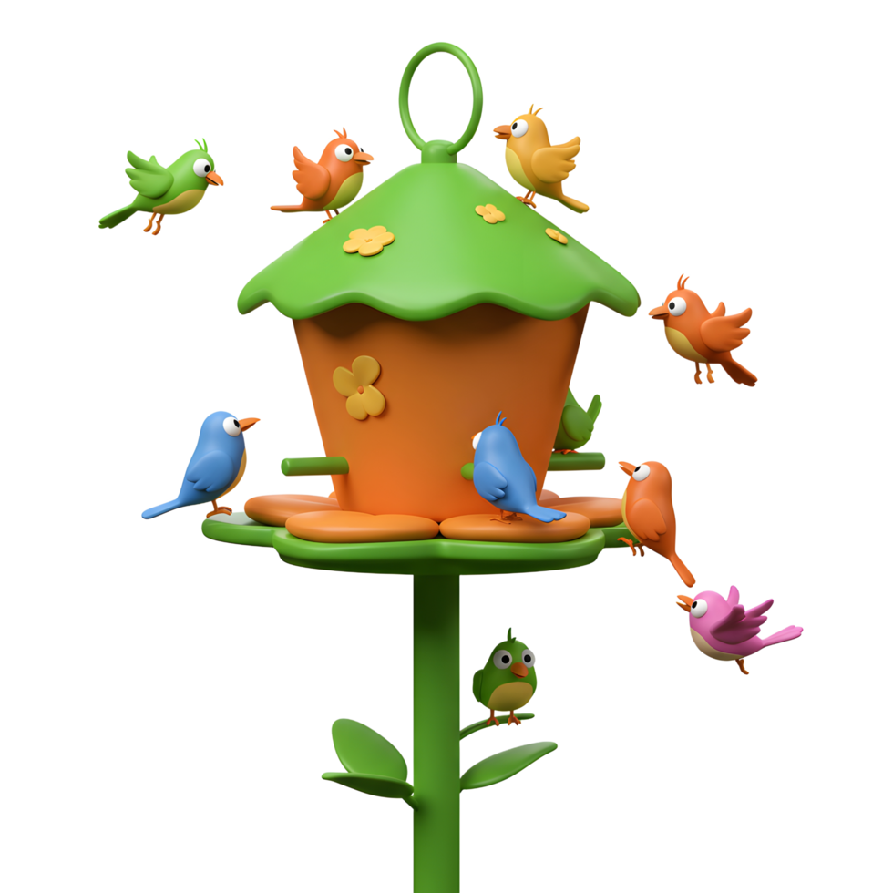 Cartoon Birds Around Flower Bird Feeder with Bright Color Palette png