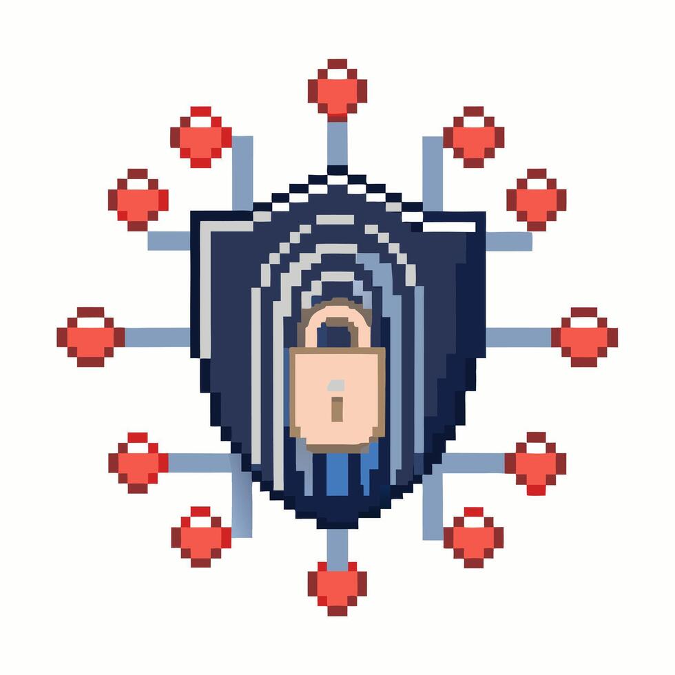 Pixel Art Cybersecurity Shield with Network Nodes and Lock Symbol vector