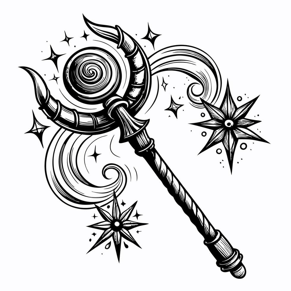 Vintage Magic Wand with Celestial Stars and Swirling Patterns in Black and White vector
