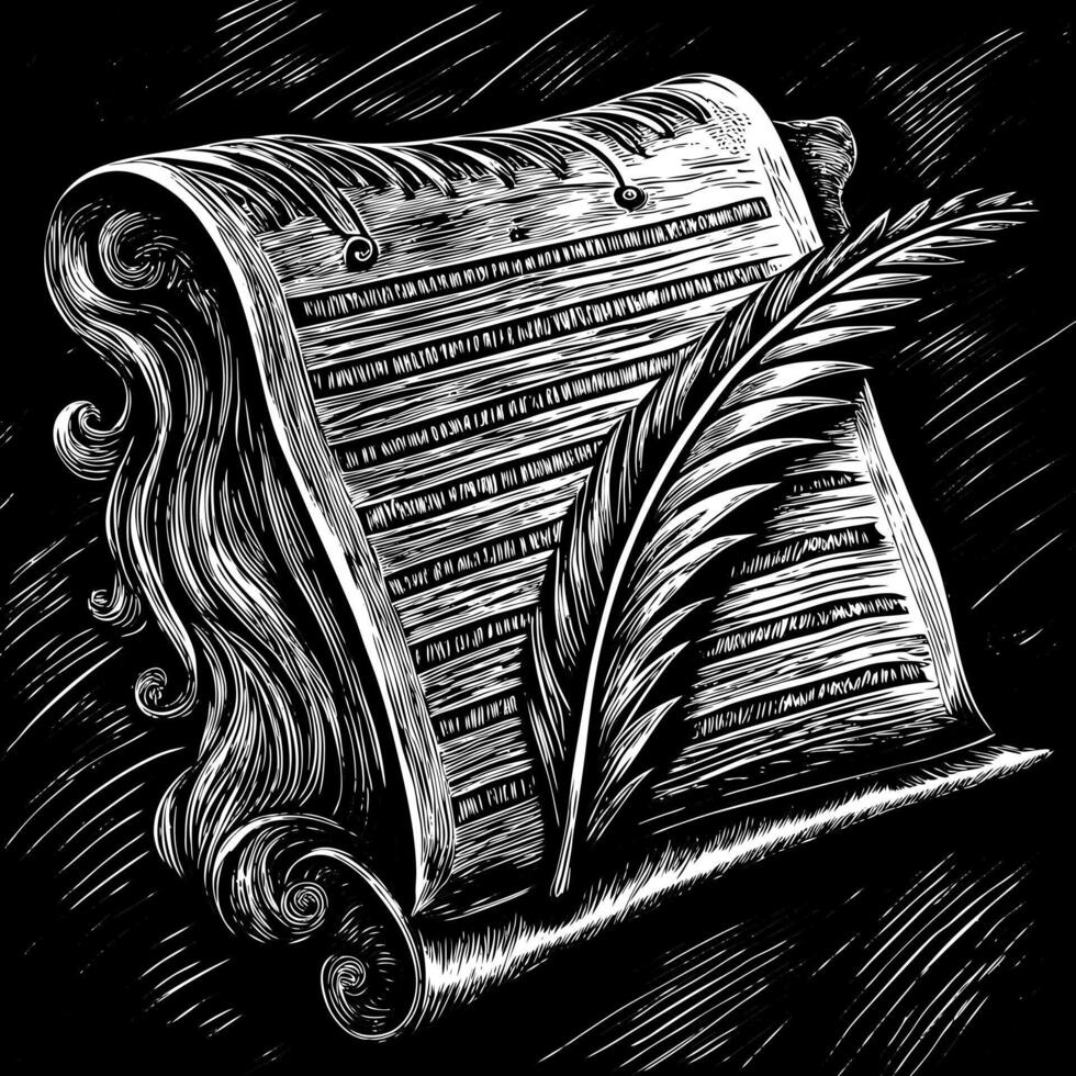 Vintage Scroll and Quill Ink Drawing on Black Background for Historical Themes vector