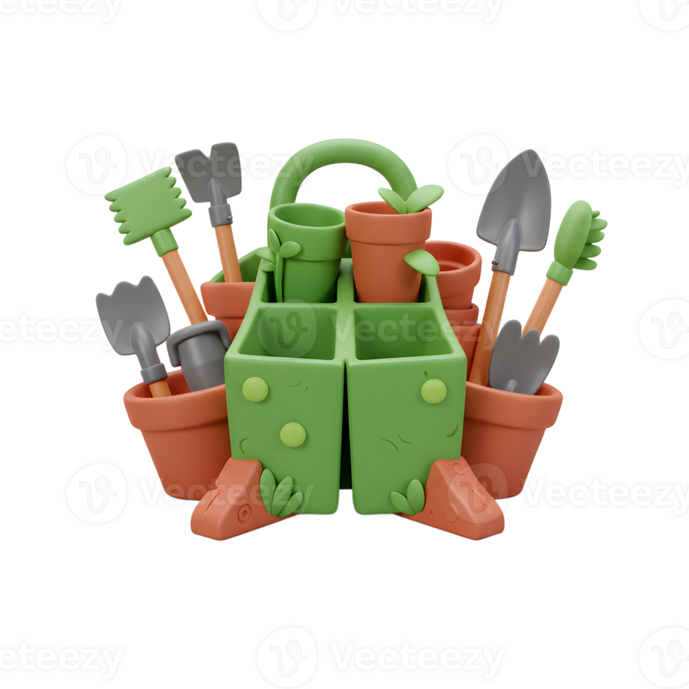 Gardening Tools and Pots Arranged Neatly in a Green Container png