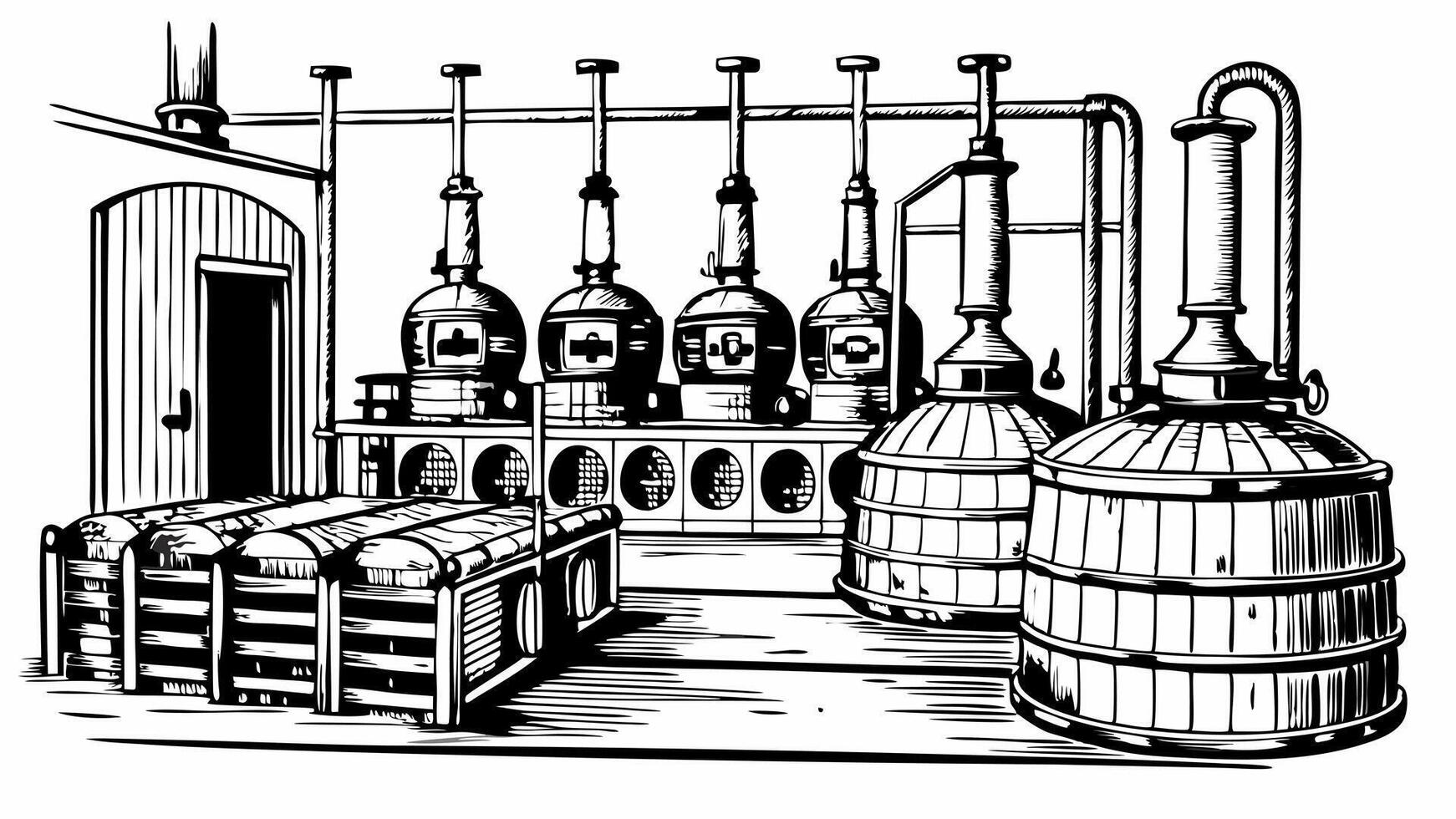 Vintage Distillery Interior with Copper Stills and Wooden Barrels in Classic Engraving Style vector