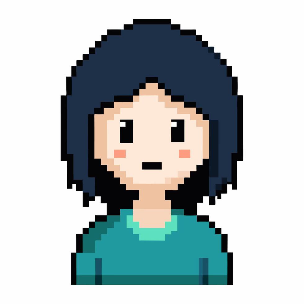Cute Pixel Art Character with Blue Hair and Green Shirt in 8 Bit Style vector