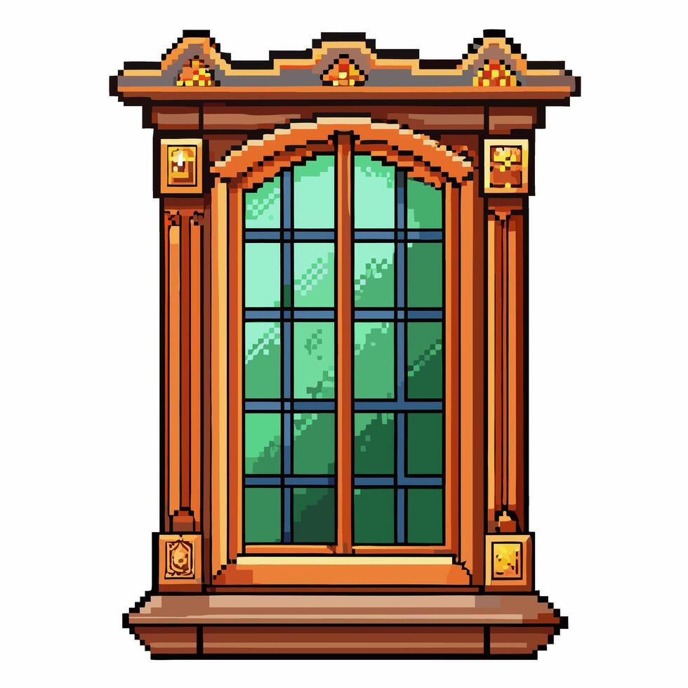 Retro Pixel Art Vintage Wooden Window with Green Glass Panels and Decorative Frame vector