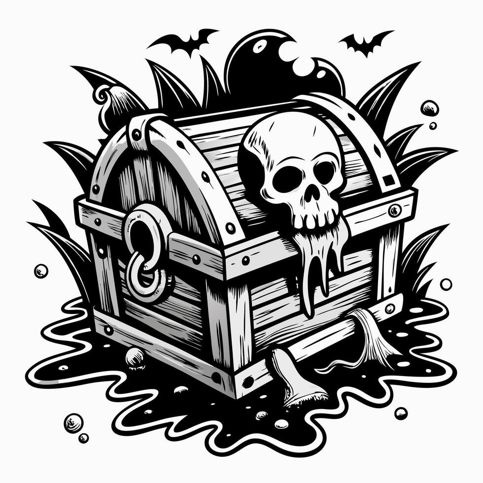 Spooky Treasure Chest with Skull and Bats in Black and White Illustration vector