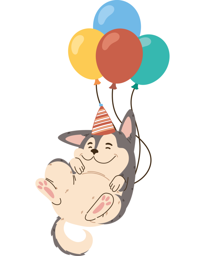 cartoon dog with party hat and balloons png