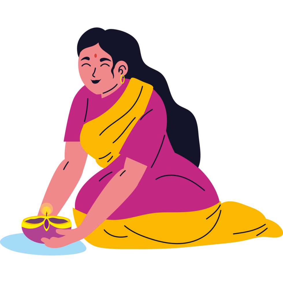 indian woman with diya lamp in diwali png