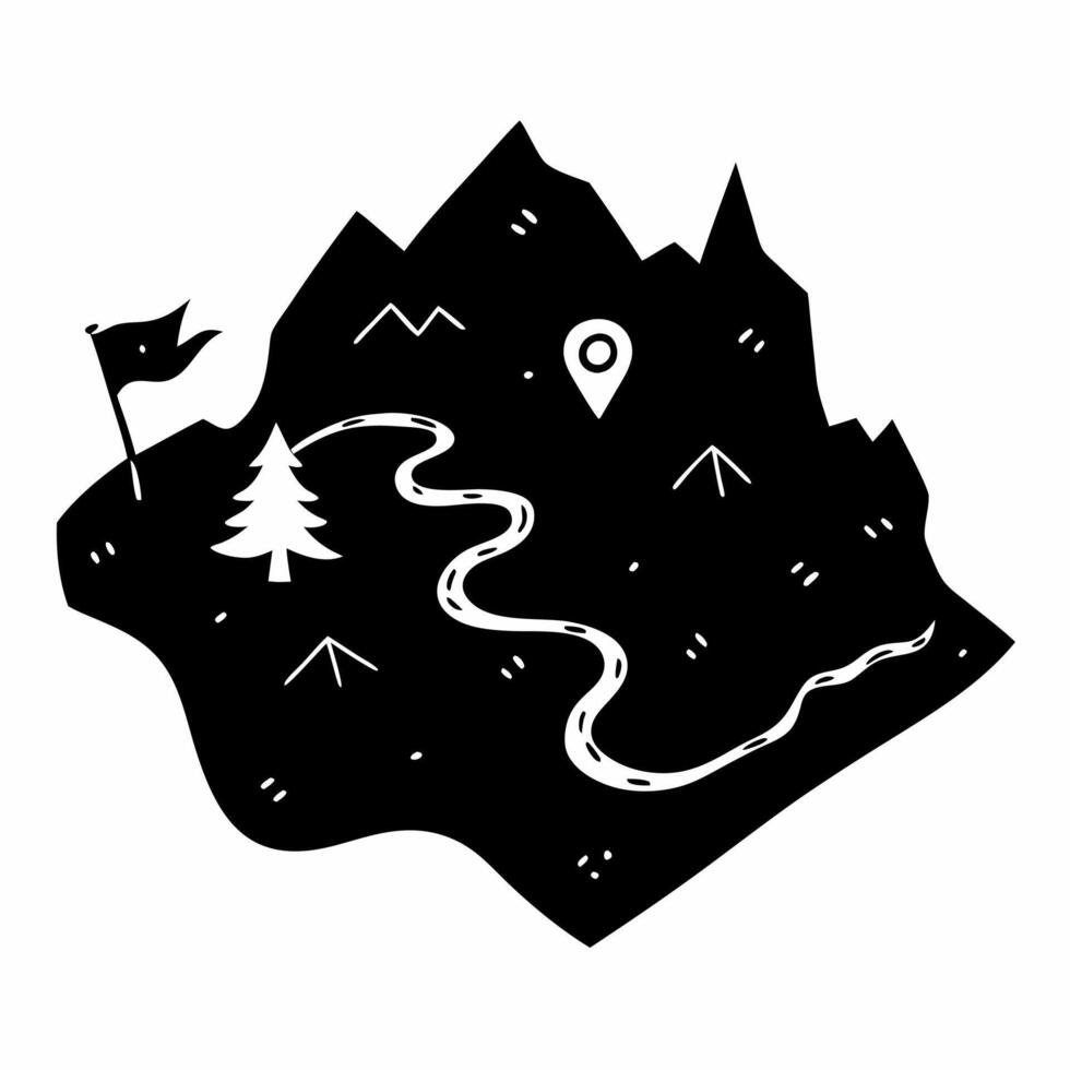 Black and White Adventure Map with Mountain, Flag, and Pathway vector