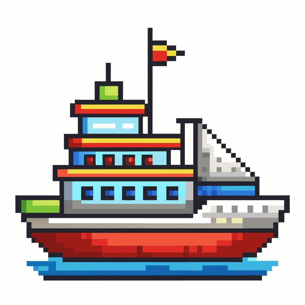Pixel Art Cruise Ship in Ocean with Spanish Flag Retro Digital Nautical Illustration vector