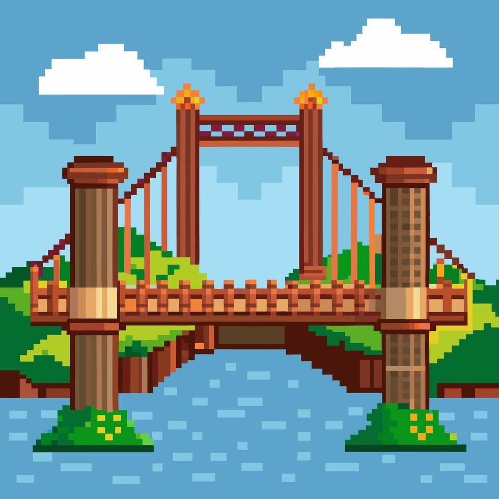 Retro Pixel Art Suspension Bridge Over River with Cloudy Sky Background vector