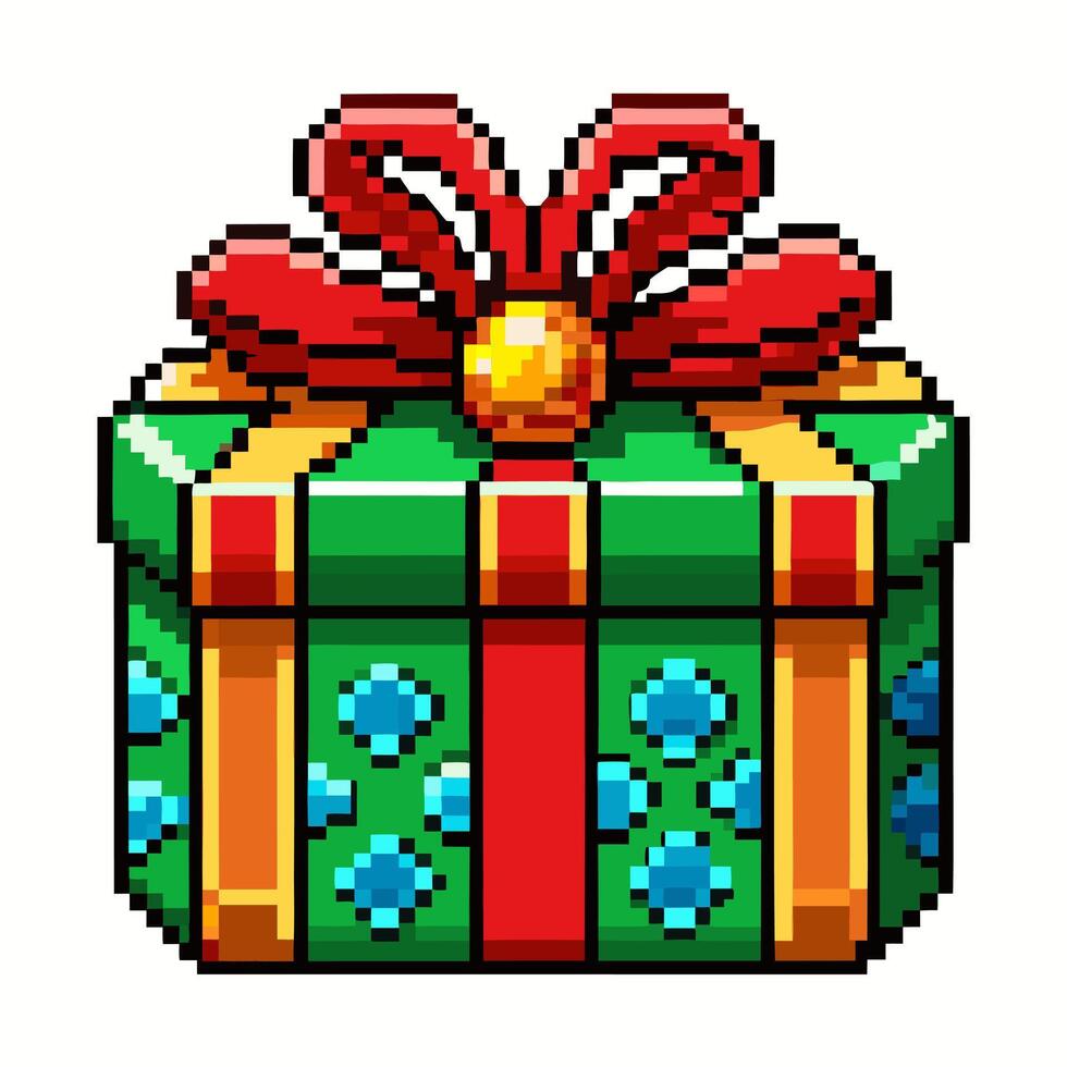 Pixel Art Gift Box with Red Bow and Green Wrapping Christmas and Celebration Graphics vector
