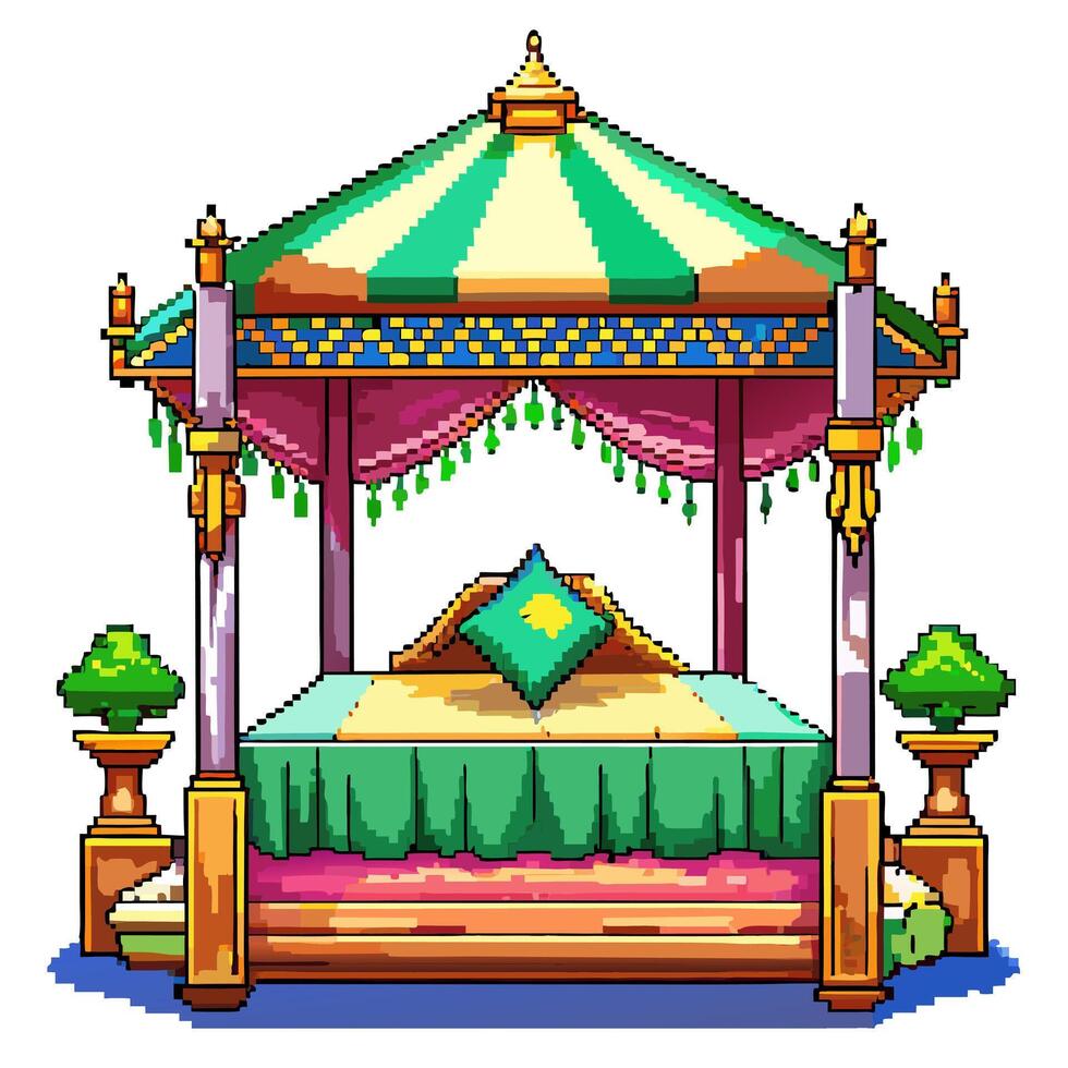 Colorful Pixel Art Canopy Bed Illustration in Retro Style vector