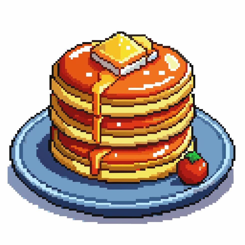 Retro Pixel Art Pancakes with Butter and Syrup on Blue Plate vector