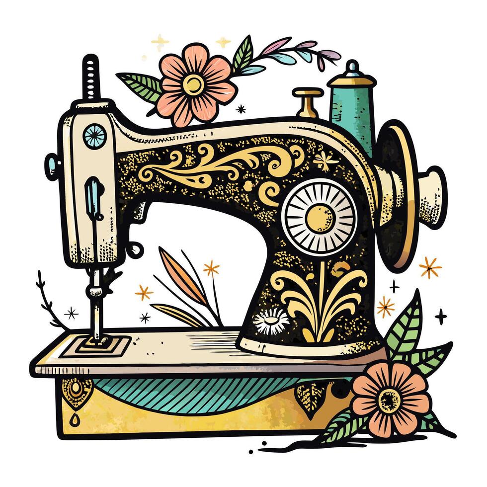 Vintage Sewing Machine with Floral Embellishments in Retro Style Illustration vector