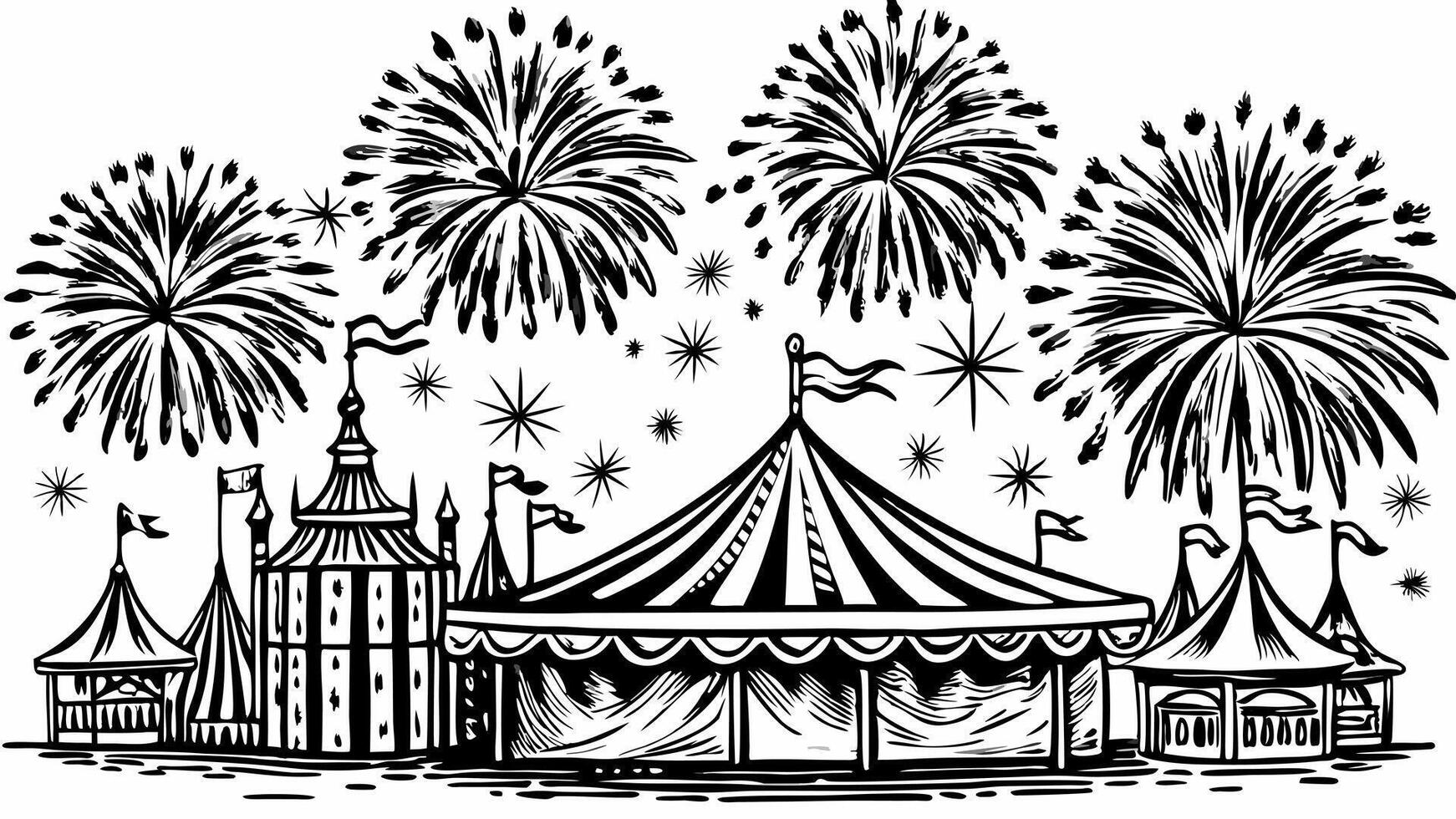 Vintage Circus Tent and Fireworks Celebration Monochrome Art vector