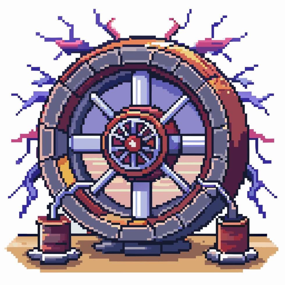 Retro Pixel Art Spin Wheel with Electric Sparks and Wooden Barrels in Game Design vector