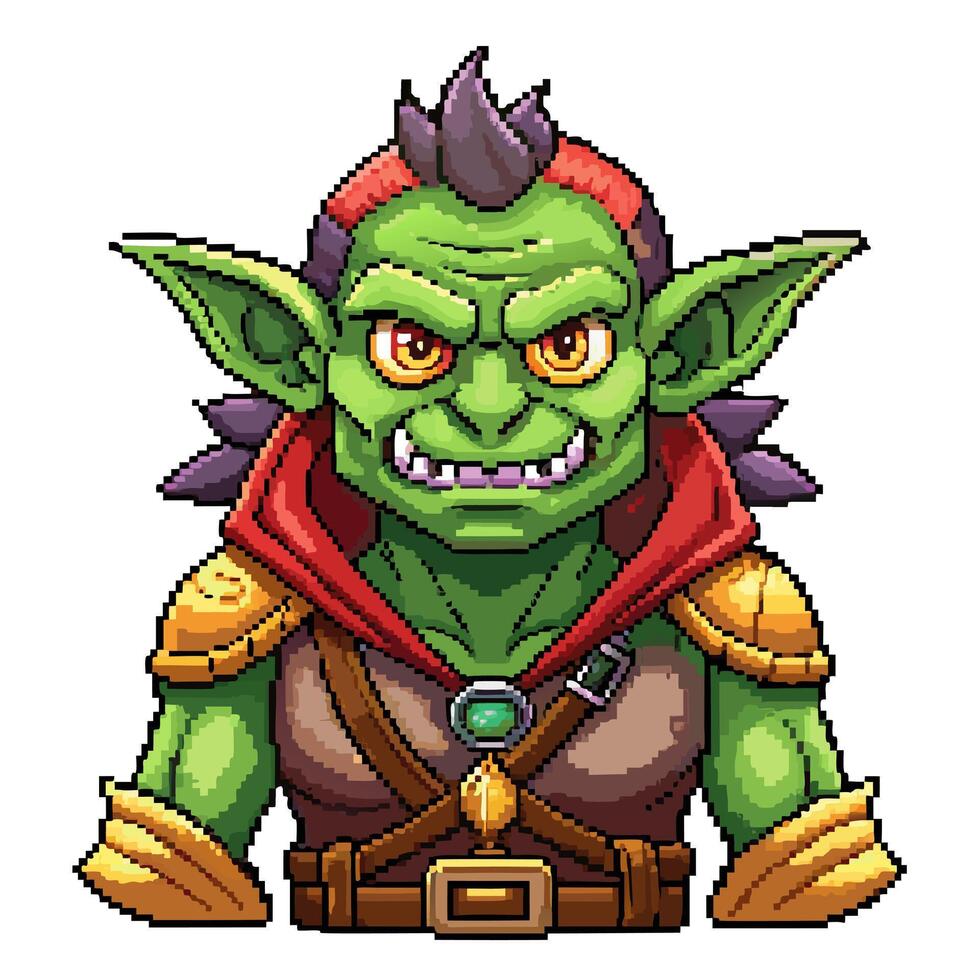 Pixel Art Goblin Character with Red Mohawk and Armor Fantasy Game Sprite vector