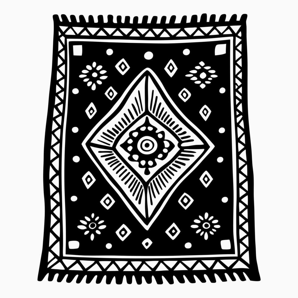 Ornamental Black and White Ethnic Rug with Geometric Patterns vector