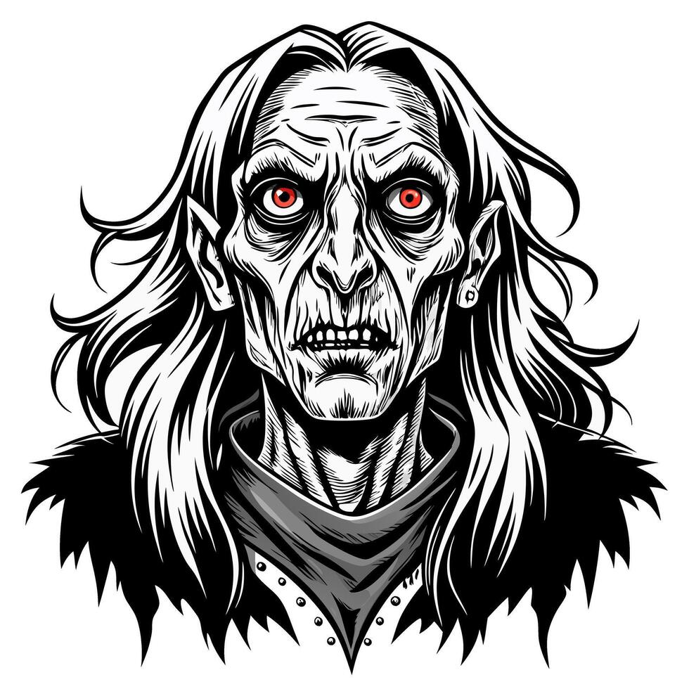 Eerie Vampire Portrait Black and White Gothic Illustration with Red Eyes vector