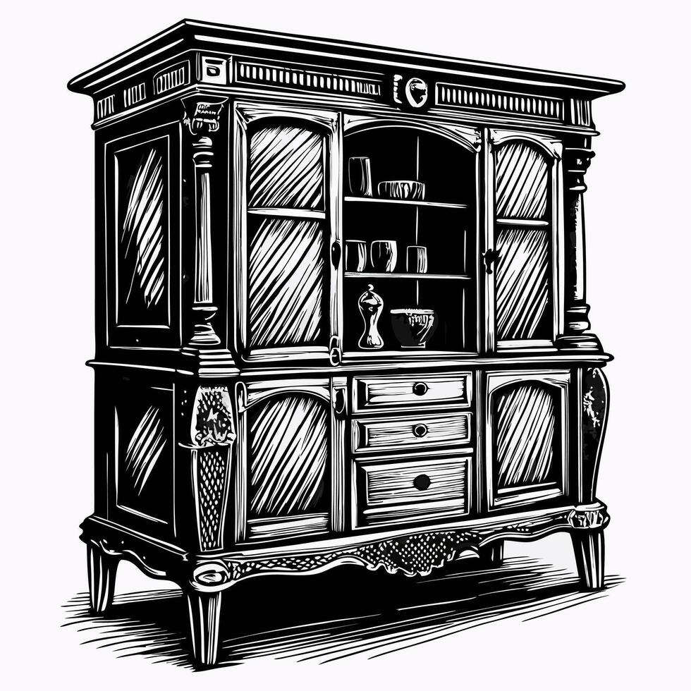 Intricate Vintage Cupboard Illustration Showcasing Classic Cabinetry Design vector