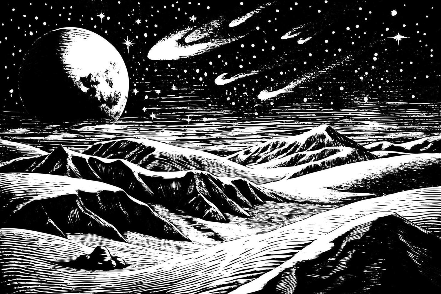 Retro Space Landscape with Mountains and Comets in Black and White Illustration vector