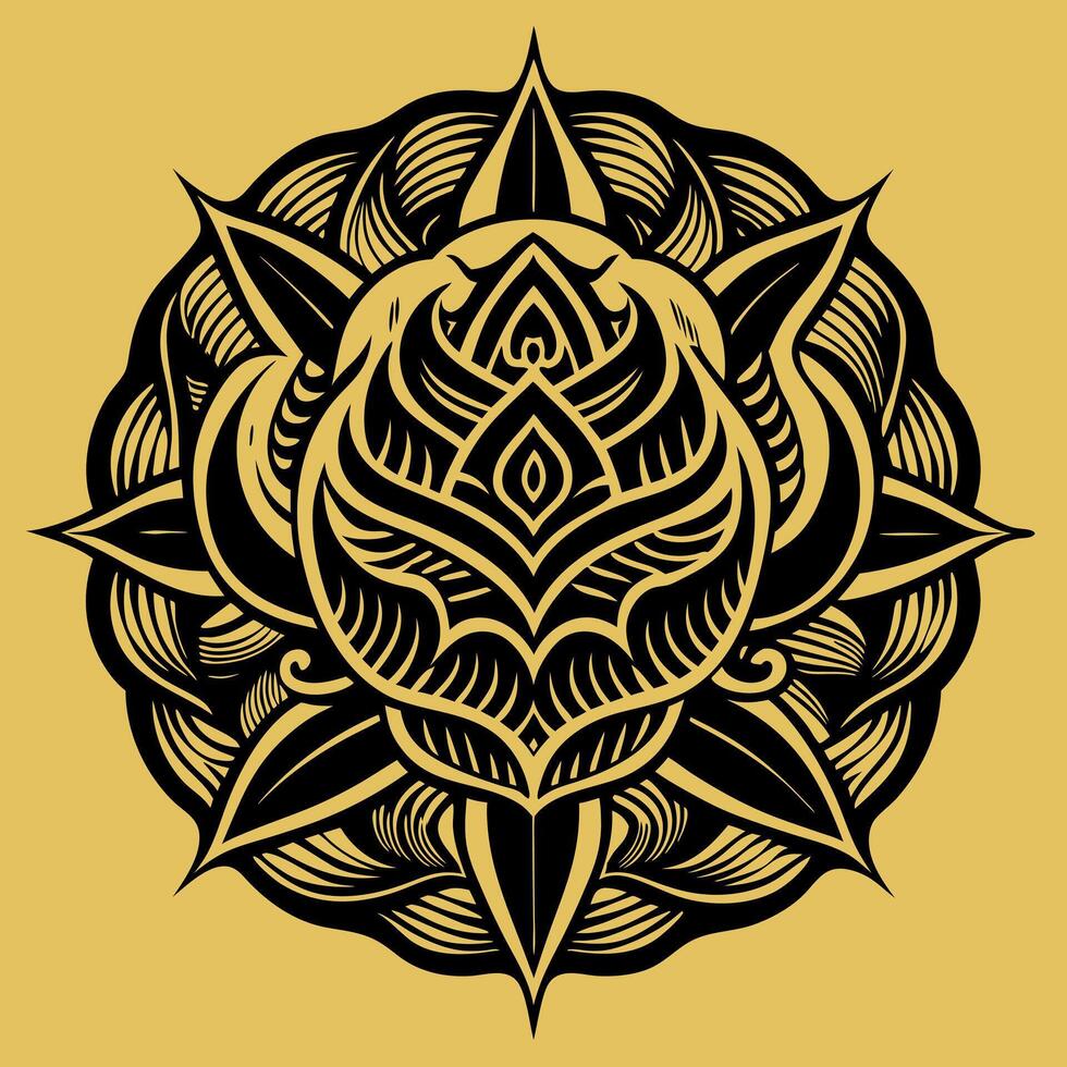 Intricate Mandala Design with Lotus Motif in Black and Gold Illustration vector