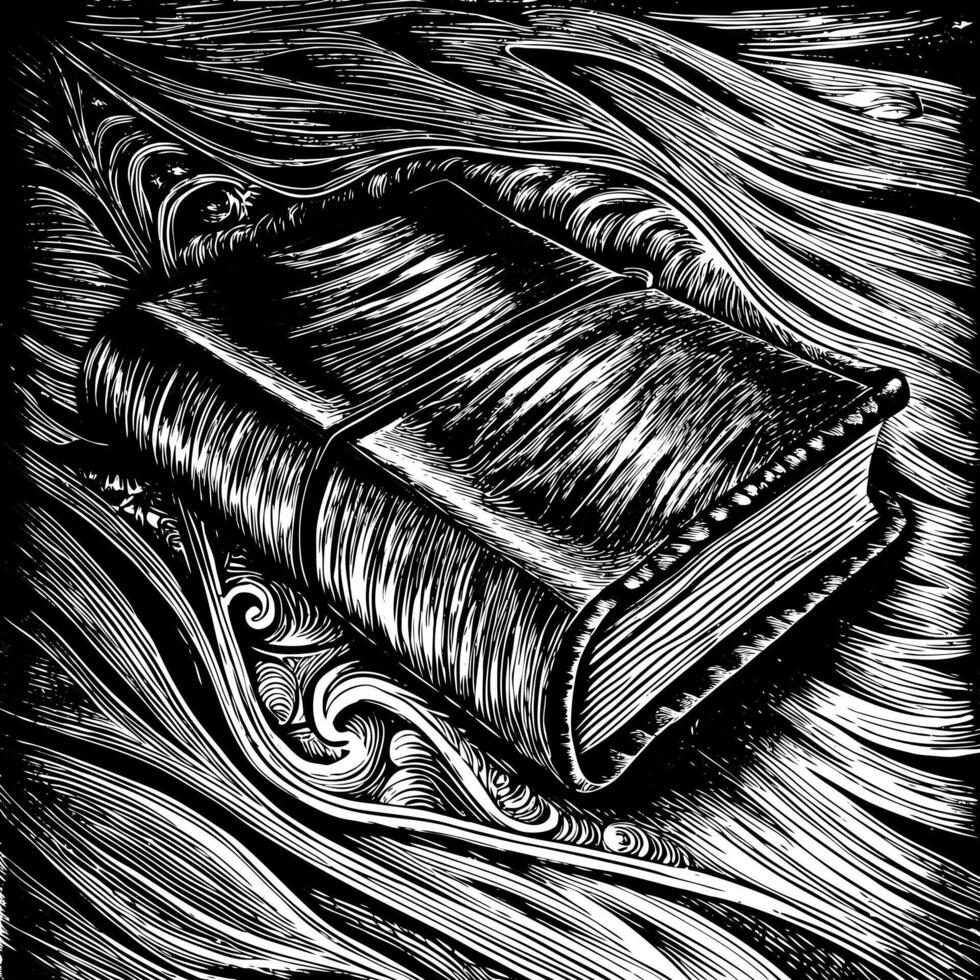 A book is shown in a black and white drawing vector