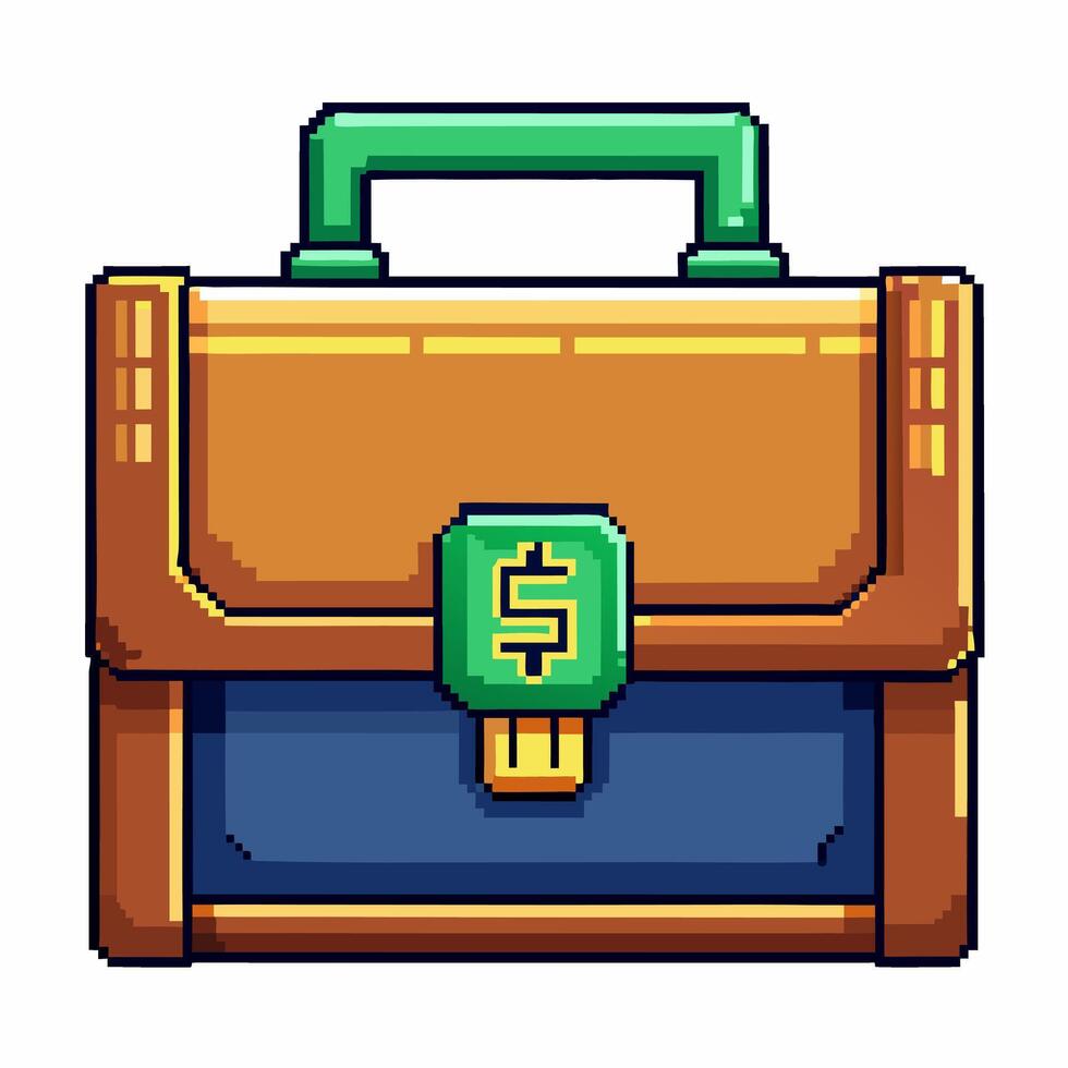 Retro Pixel Art Briefcase with Dollar Sign Business Gaming Icon vector