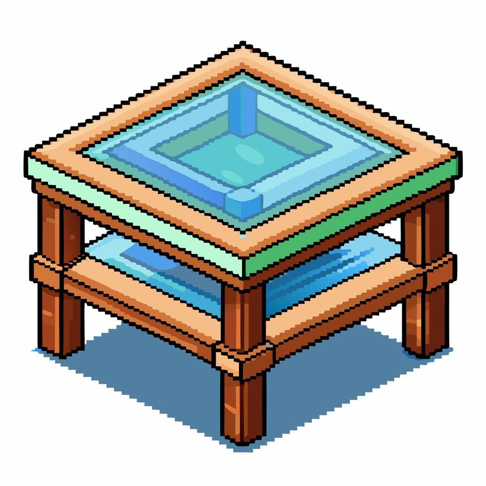Isometric Pixel Art Wooden Table with Glass Surface and Modern Design vector