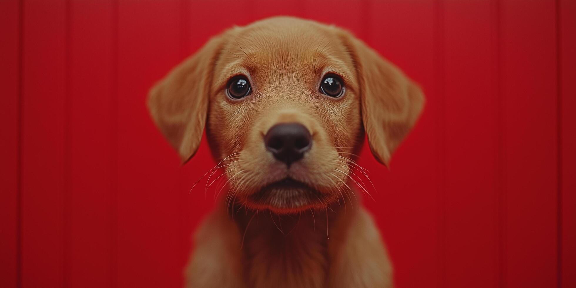 Close up golden labrador puppy sitting, gazing adorably against bright red background, marking national day with irresistible charm copy space photo