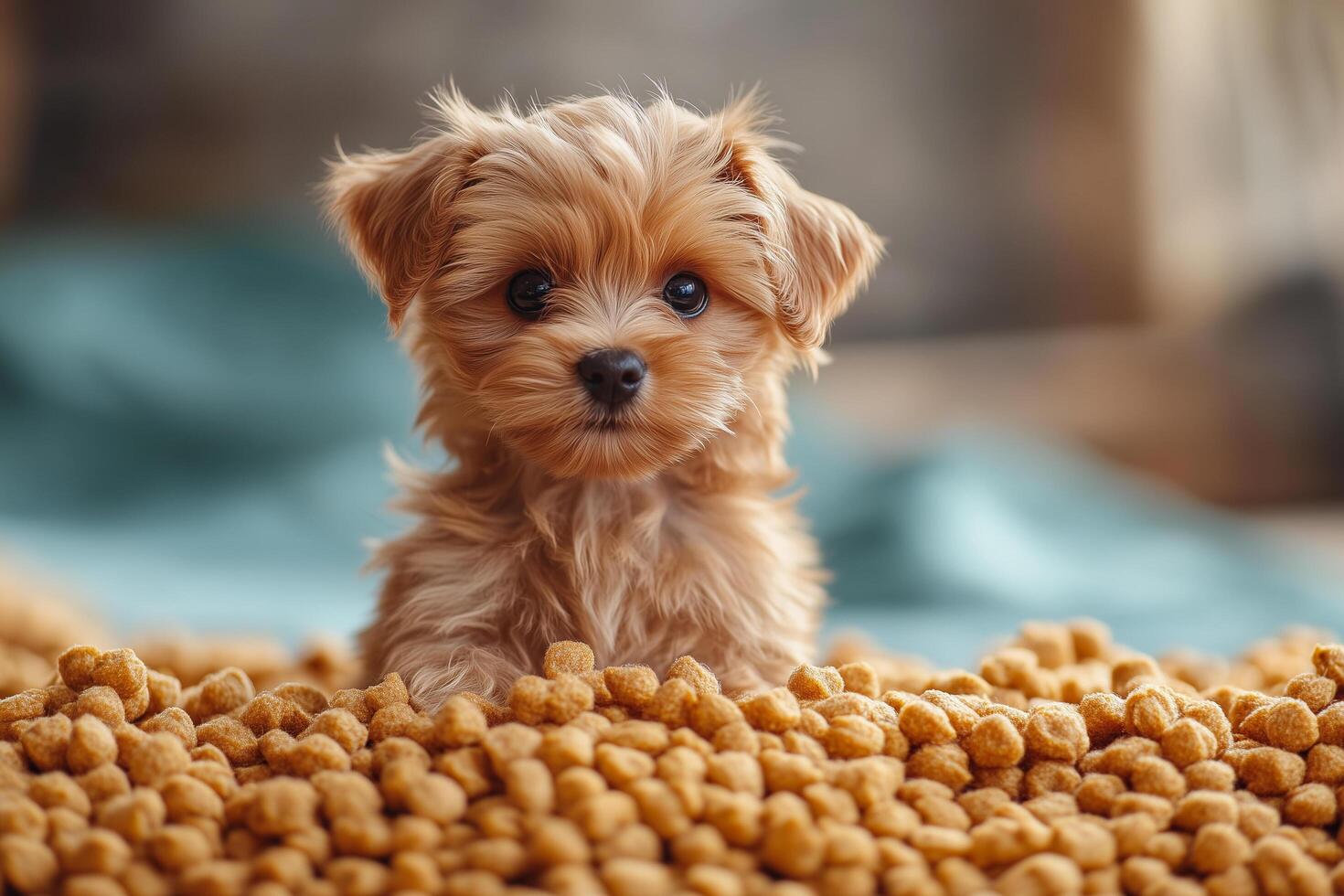 Playful golden retriever puppy nestled among kibble, marking national day with wagging tail and adorable expression photo