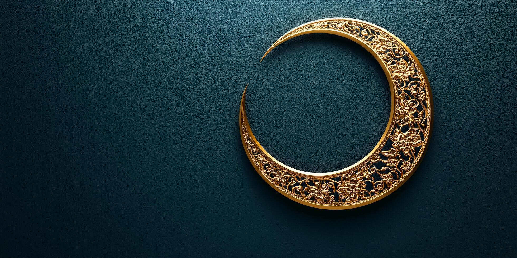 Ornate golden crescent moon adorning dark background, featuring intricate floral design celebrating eid al fitr festival copy space Uraza Bayram photo