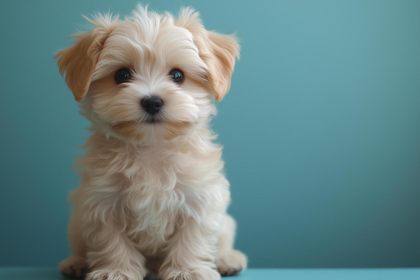 Adorable fluffy puppy sitting on matching turquoise surface, marking national day with playful charm copy space photo