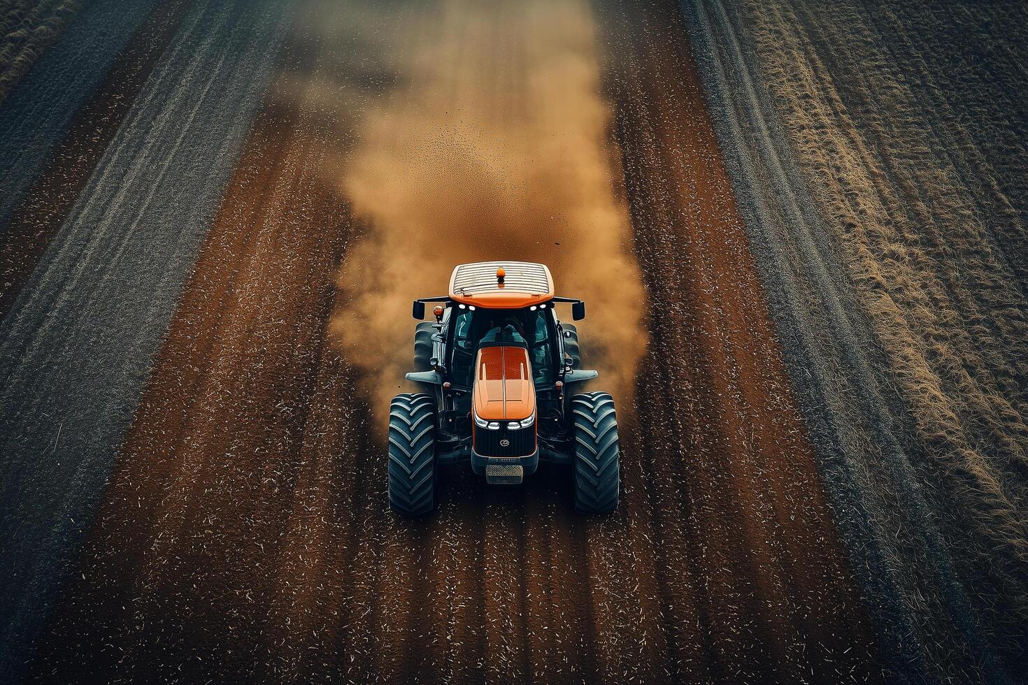 Powerful tractor plowing agricultural field, kicking up dust, representing farming industry's resilience during harvest season photo