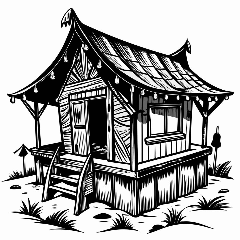 Rustic Wooden Cabin in the Forest Traditional Hand Drawn Art vector